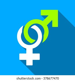Sexual Symbols long shadow vector icon. Style is a flat light symbol with rounded angles on a blue square background.