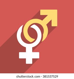 Sexual Symbols long shadow vector icon. Style is a flat light symbol on a red square background.