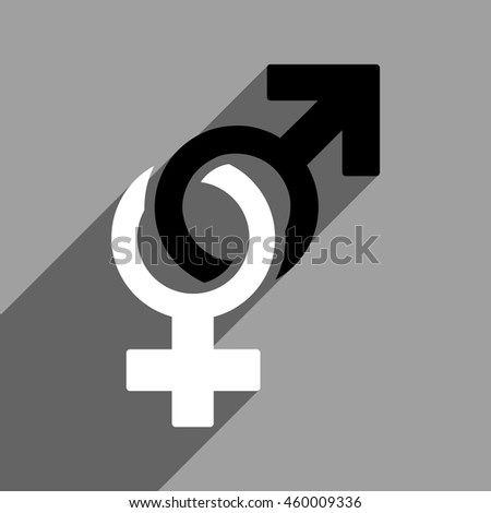 Sexual Symbols long shadow vector icon. Style is a flat sexual symbols black and white iconic symbol on a gray square background.