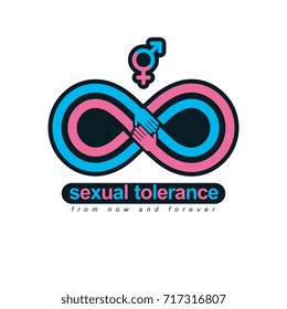 Sexual Tolerance conceptual symbol, Zero tolerance, vector symbol created with infinity loop sign and two hands of people of different orientation touching and reaching each other.