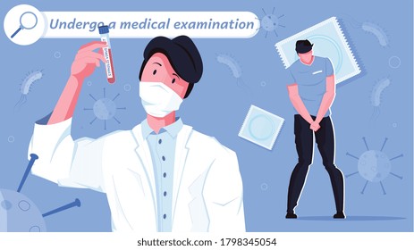 Sexually transmitted diseases tests flat composition with characters of patient with doctor and icons of virus vector illustration