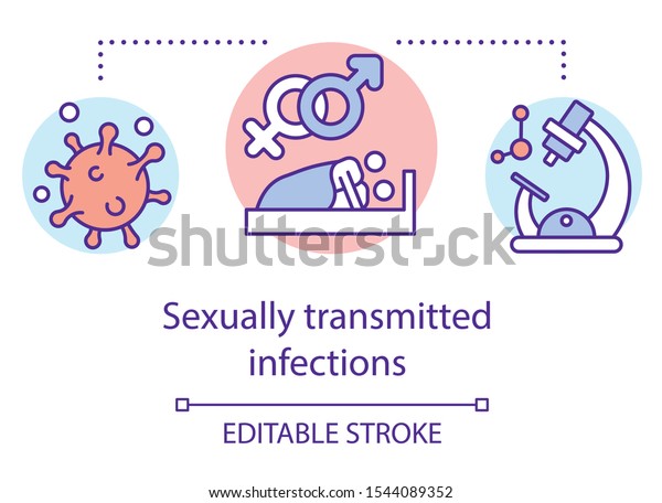 Sexually transmitted infections concept icon. STIs\
idea thin line illustration. Venereal diseases screening.\
Unprotected sex. Medical checkup. Vector isolated outline drawing.\
Editable stroke