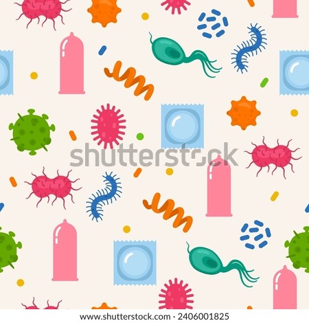 Sexually transmitted infections. Seamless pattern. Bacteria and visrus. Safe sex, condom. Vector