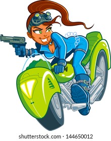 Sexy Action Hero Spy Girl With Gun In Motorcycle Car Chase