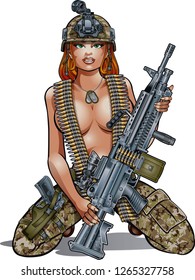 sexy army girl with light machine gun