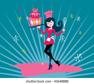Sexy baker. Vector illustration of a sexy cook showing her finished work.
