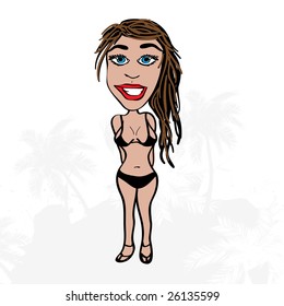 A sexy beach babe over a palm tree grunge background.  Easily customize this vector illustration. Add clothing or accessories to the way you see fit.