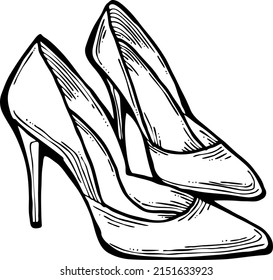 Sexy Beautiful Feminine Woman Shoes With Elegant  High Heels. Luxury Clothing Lifestyle. Disco Club 80s Romantic Fashion. Hand Drawn Retro Vintage Vector Illustration. Old Style Comic Cartoon Drawing.