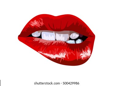 Sexy biting lips on white background. Vector illustration