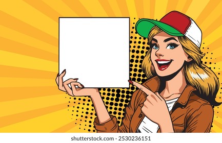 Uma loira sexy em um boné de beisebol mostra algo em um banner vazio onde seu anúncio está localizado. Projeto publicitário de meninas apresentando algo em estilo pop art