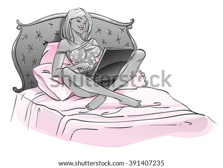 Sexy blonde sitting on a bed and communicates and corresponds to the social networks with friends looking for love and dating, met through an app on a laptop computer, isolated vector, shades of gray