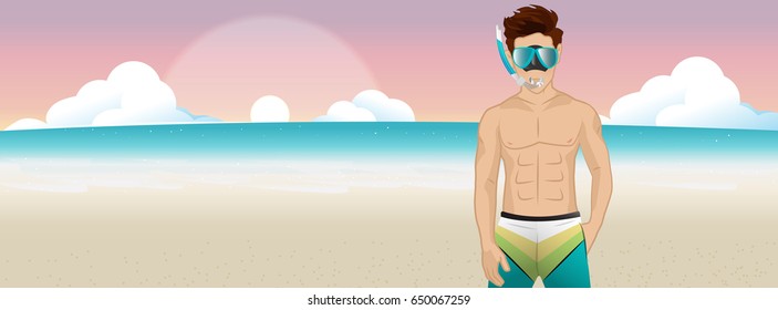 Sexy boy on the beach. Vector cartoon illustration.