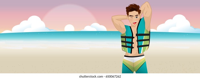 Sexy boy on the beach. Vector cartoon illustration.