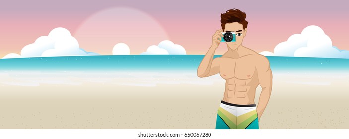 Sexy boy on the beach. Vector cartoon illustration.
