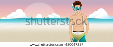Sexy boy on the beach. Vector cartoon illustration.
