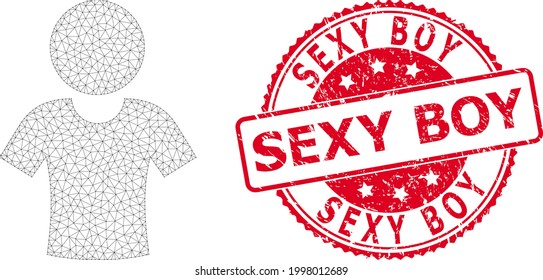 Sexy Boy unlean Robbe und Vektor Boy Mesh Struktur. Rotes Siegel enthält das Sexy Boy-Tag drinnen. Abstrakter Flachmaschenjunge, mit Flachmaschen konstruiert.