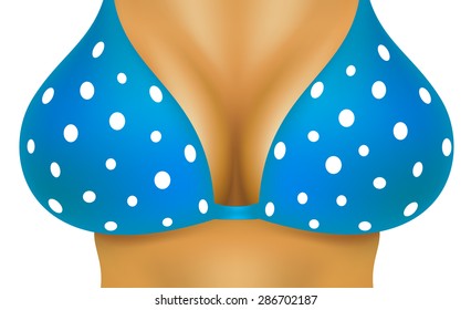 Sexy breasts in blue bra with white dots