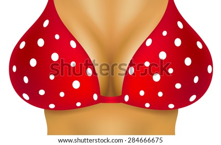 Sexy breasts in red bra with white dots