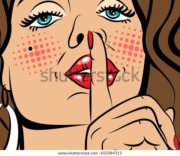 Sexy, brown-haired pop art woman with beautiful eyes and mouth, in ... picture photo