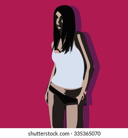Sexy brunette in undershirt and panties. Vector drawn