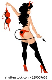 Sexy burlesque dancer in a devil costume undresses seductively
