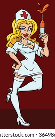 Sexy cartoon nurse with syringe. Character and background on separate layers for easy editing.