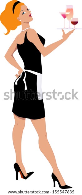Sexy Cocktail Waitress Black Dress Holding Stock Vector Royalty Free