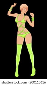Sexy dancer set: vector beautiful sexy woman in bright lingerie isolated on black background. 