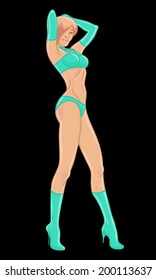 Sexy dancer set: vector beautiful sexy woman in bright lingerie isolated on black background. 