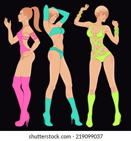 Sexy dancer set: vector beautiful sexy girls in bright lingerie isolated on black background. 