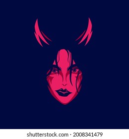 Sexy devil demon woman face logo. Colorful design with dark background. Abstract vector illustration. Isolated background for t-shirt, poster, clothing, merch, apparel, badge design