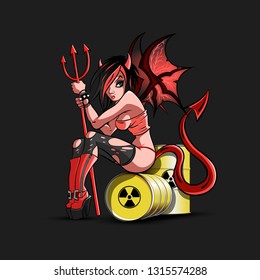 Sexy devil girl with trident sitting on barrels of radiation. Vector illustration on black background. Pattern for the design of clothing, tattoo, banner, poster, flyer