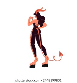 Sexy Teufel Halloween Kostüm. Verführerische Frau im Leder Dämonenanzug mit Hörnern, Schwanz, Hufen. Cosplay von geil böse für Maskerade, Karneval. Flache isolierte Vektorillustration auf weißem Hintergrund