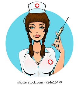 Sexy European nurse with a syringe for a shot. Avatar, icon. For adults.