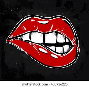 Sexy fatal biting lips. Pop art print in flash tattoo style. Isolated vector illustration. 1990's inspired art.