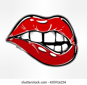 Sexy fatal biting lips. Pop art print in flash tattoo style. Isolated vector illustration. 1990's inspired art.