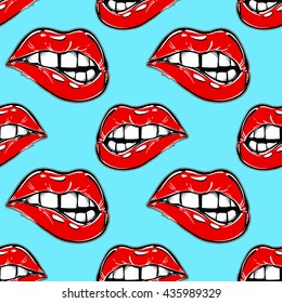 Sexy fatal biting lips seamless pattern. Pop art print in 1990's art style. Modern abstract design for textiles and fabrics, wrapping paper and wallpapers of all kinds. Vector illustration.