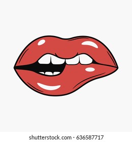 Sexy Female Bite Lips. Comics illustration in pop art retro style. Vector.
