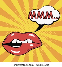Sexy Female Bite Lips with speech bubble. Comics illustration in pop art retro style at sunburst background with dot halftone effect. Vector.