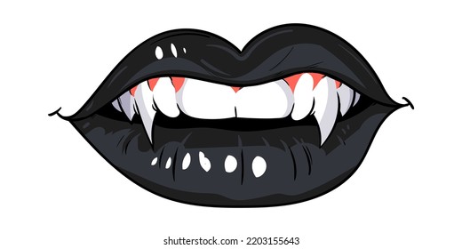 Sexy Female Lips With Fangs. Girl Vampire Teeth. Black Lips. Hand Drawing Illustration Isolated On White Background. Vector EPS 10