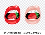 Sexy female lips of red and beige colors with teeth and braces are holding strawberry. Set of prints, vector isolated illustrations on a transparent background