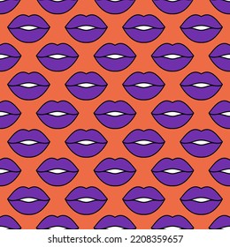 Sexy female lips. Seamless vector pattern with violet lips on an orange background. Fashion pop art backdrop. For modern original designs, prints, textiles, fabrics, wallpapers, posters, designs, etc.