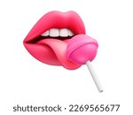 Sexy female lips and tongue licking pink round sugar candy on stick. Beautiful mouth licking lollipop isolated on white background. Cartoon style. Vector illustration