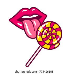 Sexy female lips with tongue licking spiral lollipop candy. Vector illustration in cartoon comic style.