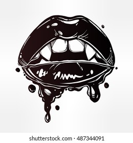 Sexy female vampire lips with fangs and dripping blood or make up. Fatal biting lips. Pop art comic art print in vintage flash tattoo style. Isolated vector illustration. 1990's inspired art.