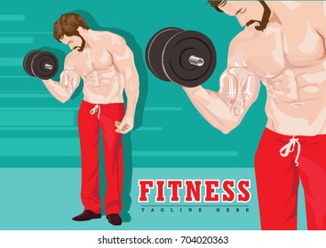 sexy figured man exercising without shirt with dumbells 