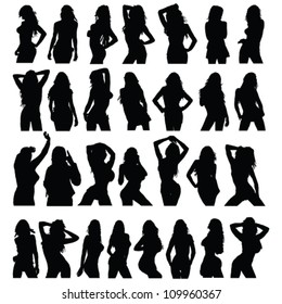 Sexy Girl Black Silhouette Set Vector On White