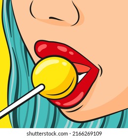 Sexy girl with lollipop. Comic woman lip lick candy. Hot flirt adult suck lollypop. Night club wallpaper. Sensual female face cartoon portrait. Sweet bonbon. Vector cartoon illustration