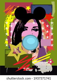 Sexy Girl With Mouse Ears And Chewing Gum, Pop Art Background