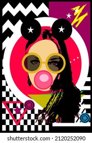 Sexy Girl With Mouse Ears And Chewing Gum, Pink Pop Art Background